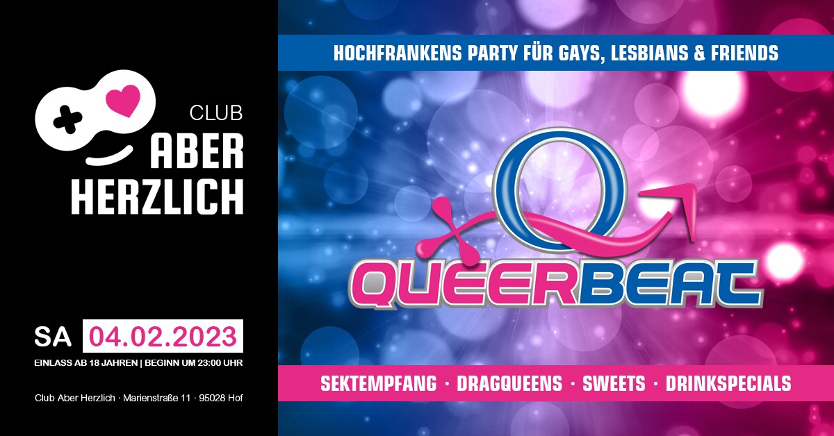 Queerbeat – Hochfrankens Party für Gays, Lesbians & Friends am 04.02.2023 im Club Aber Herzlich