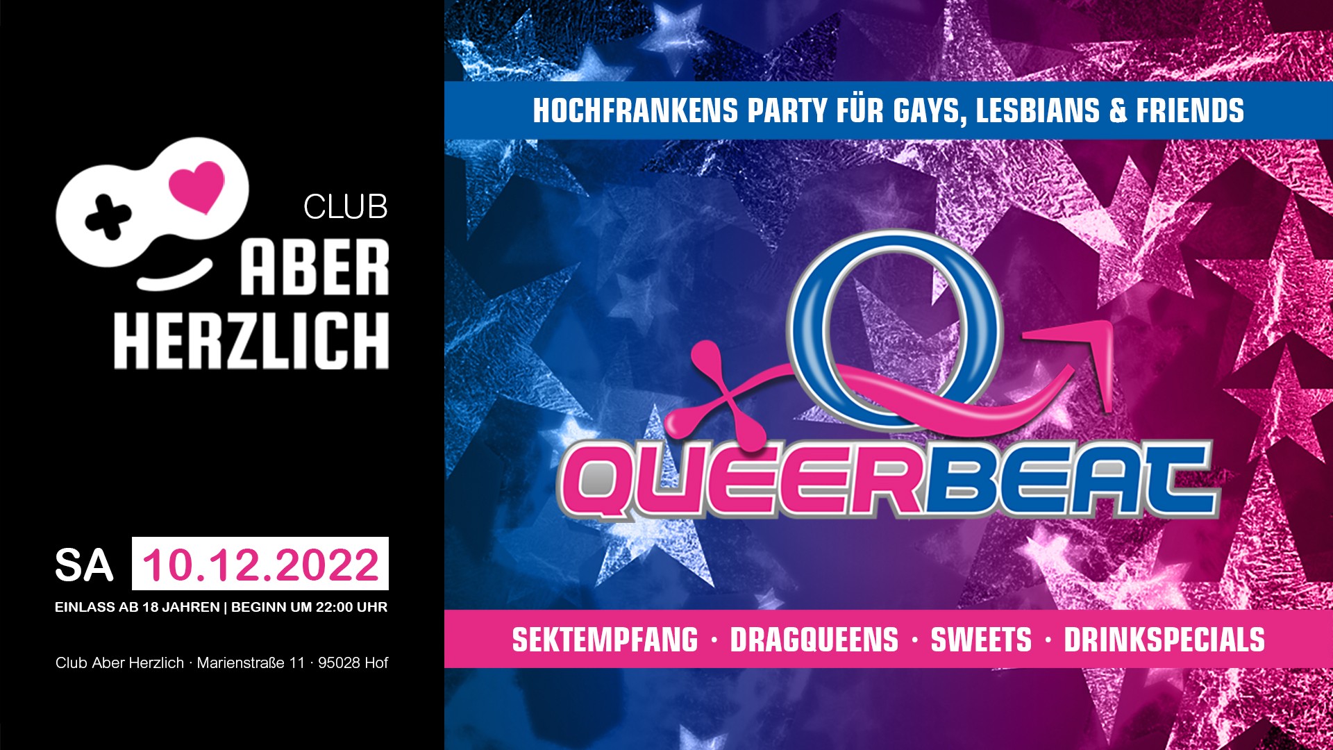 Queerbeat – Hochfrankens Party für Gays, Lesbians & Friends am 10.12.2022 im Club Aber Herzlich