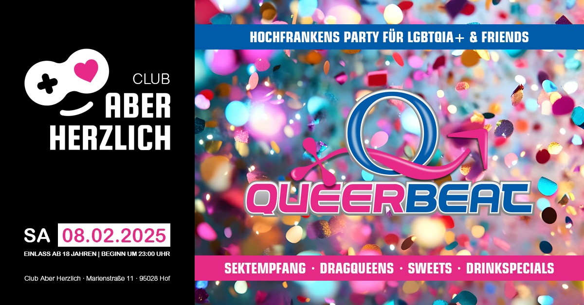 Queerbeat – Hochfrankens Party für LGBTQIA+ & Friends am 08.02.2025 im Club Aber Herzlich