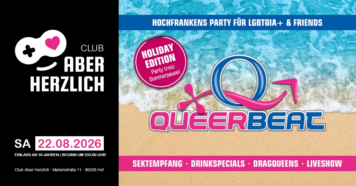 Queerbeat – Hochfrankens Party für LGBTQIA+ & Friends am 22.08.2026 im Club Aber Herzlich