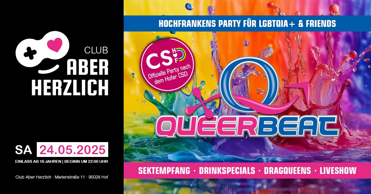 Queerbeat – Hochfrankens Party für LGBTQIA+ & Friends am 24.05.2025 im Club Aber Herzlich